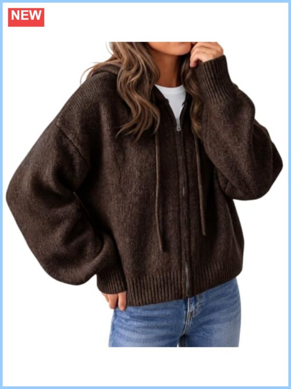Women's Zip Up Hooded Cardigan Sweater Knit Jacket Long Sleeve Loose Fit